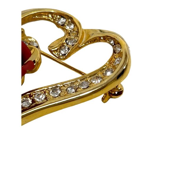 Heart Brooch Pin Gold Tone Red Ceramic Rose Clear Rhinestones Shiny Roll Tab Arm - Picture 10 of 13